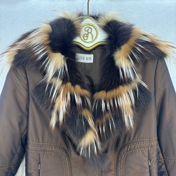 Anna Kel Brown Jacket Size 44 Fox Fur Collar Cuffs Floral Embroidered - Picture 4 of 14